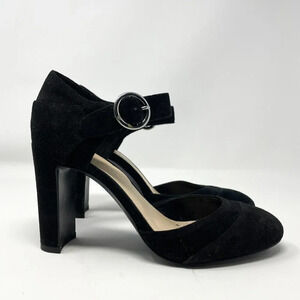 Nine  West Suede Leather Ankle Strap Round Toe Heels Pump Black Size 6